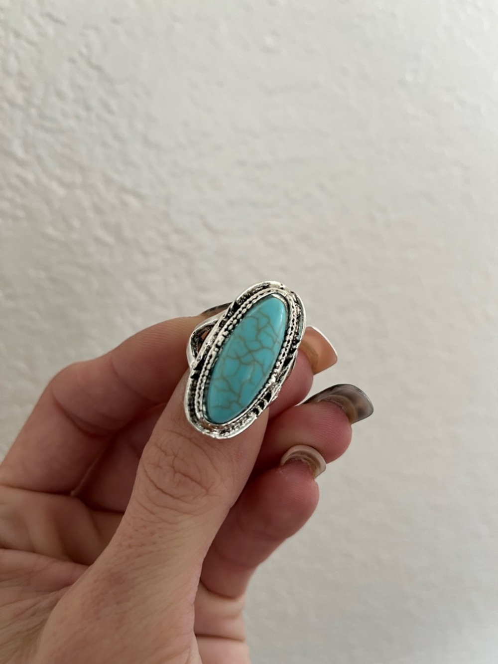 Turquoise Oval Statement Ring Size 8- 925 silver